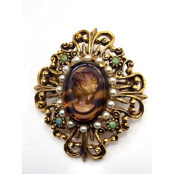 Vintage Florenza signed Gold Tone Filigree Pearl Cameo Brooch - Picture 4 of 9